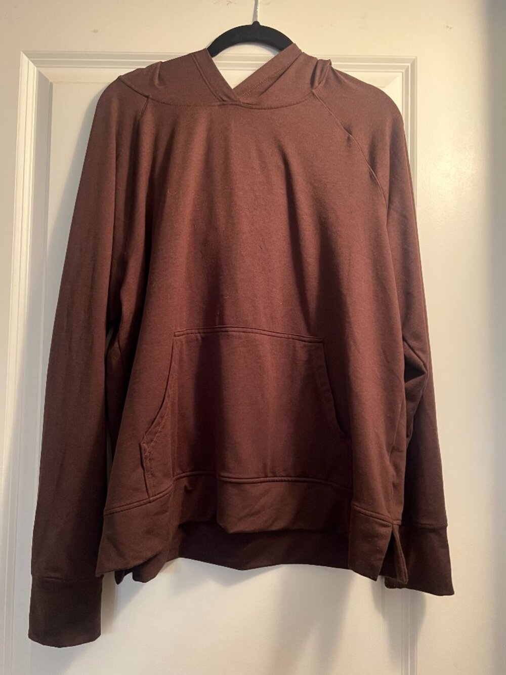 Danskin chocoalte brown hooded top with front pocket, thin, soft L/G